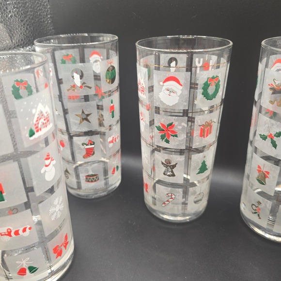Vintage Culver Christmas Holiday Frosted Highball Glasses Set of 4 Santa Wreath - Picture 3 of 7